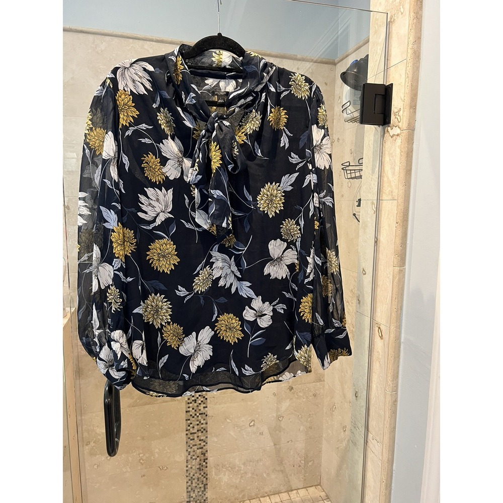Ann Taylor Womens Blue Floral Tie Neck Balloon Sleeve Blouse Top Sz L